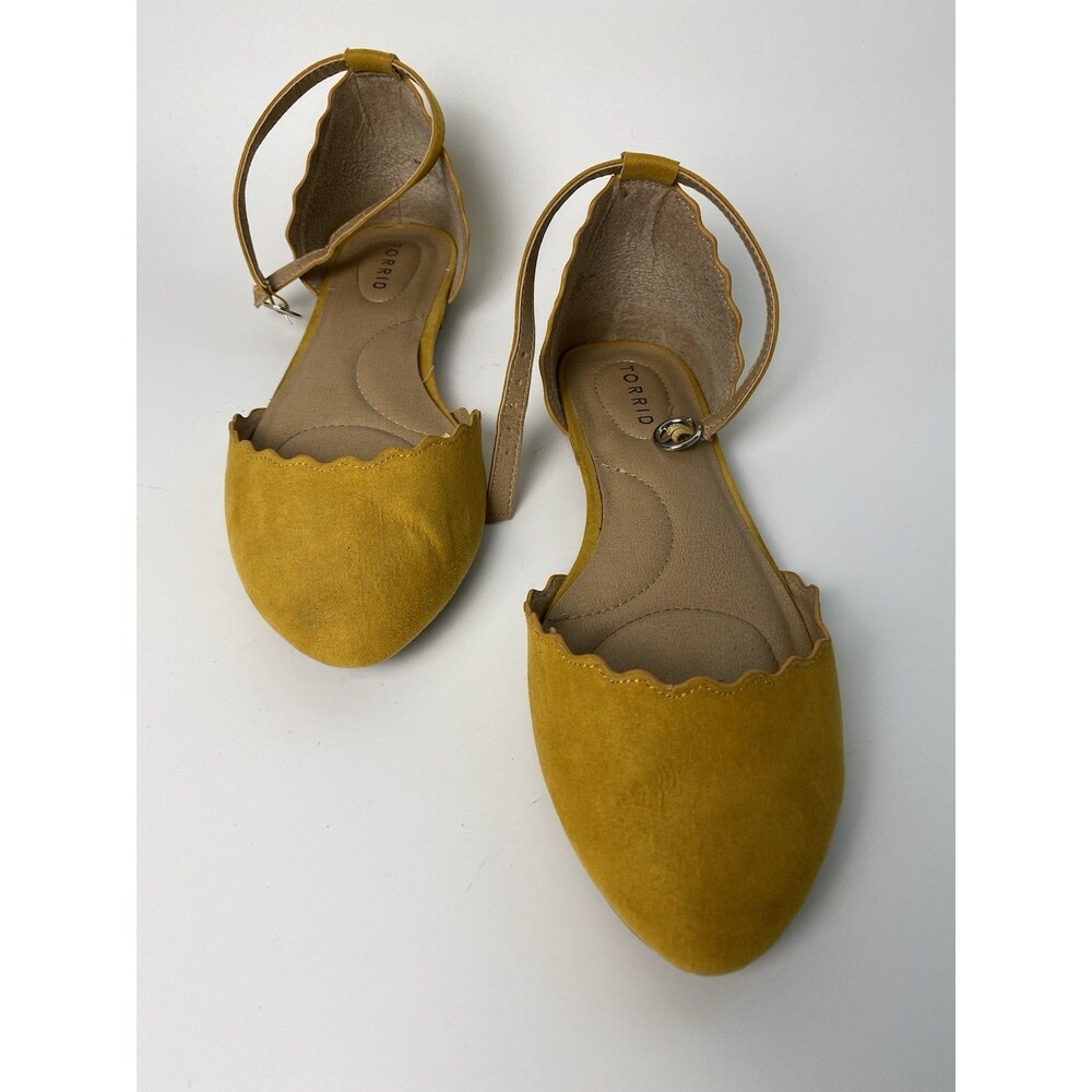 Torrid Flat Mustard Faux Suede Strappy Ankle Sandals 10 W Scalloped Detail